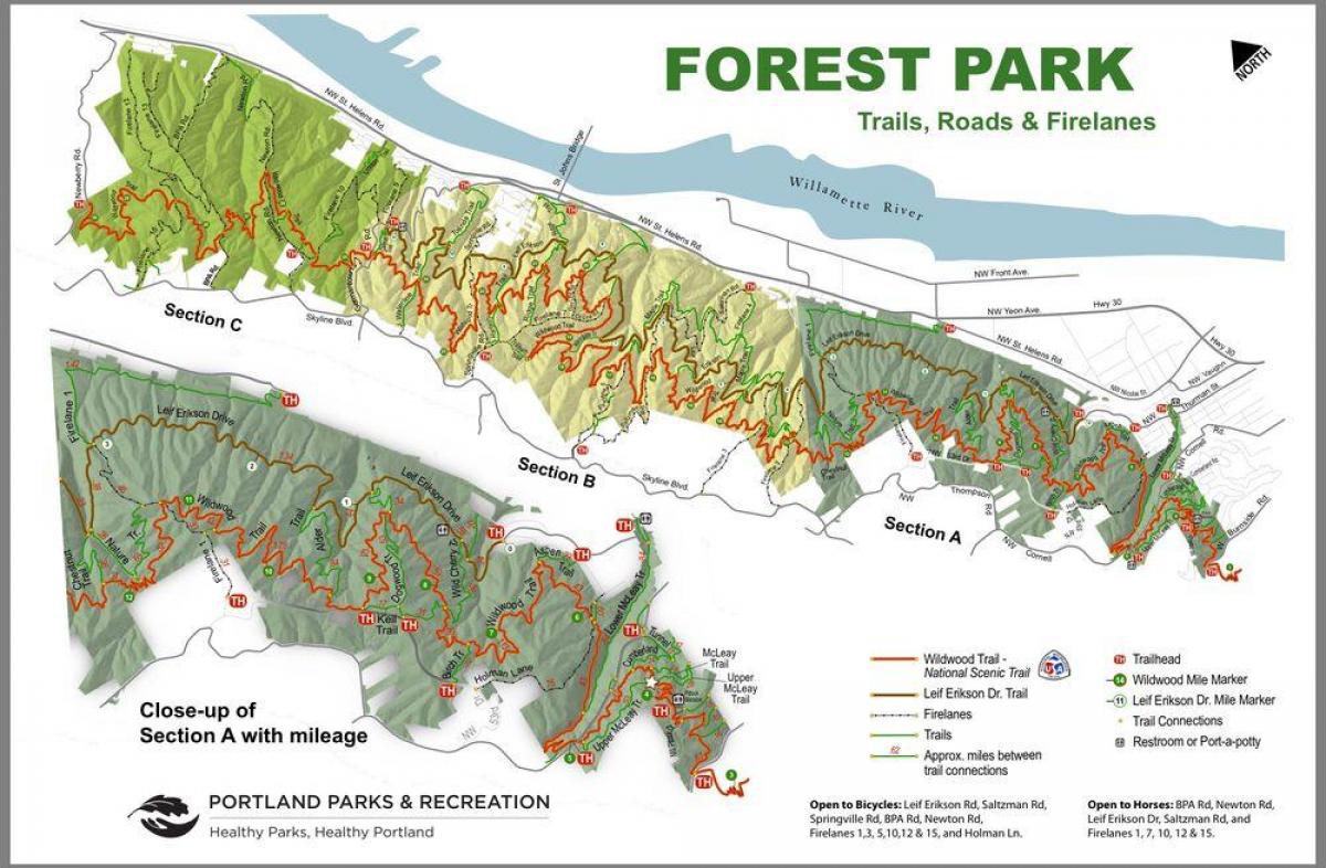 mappa di Forest Park a Portland Oregon